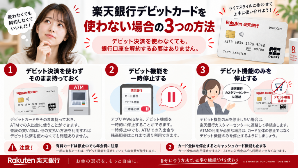 楽天銀行デビットカードを使わない場合の3つの方法
