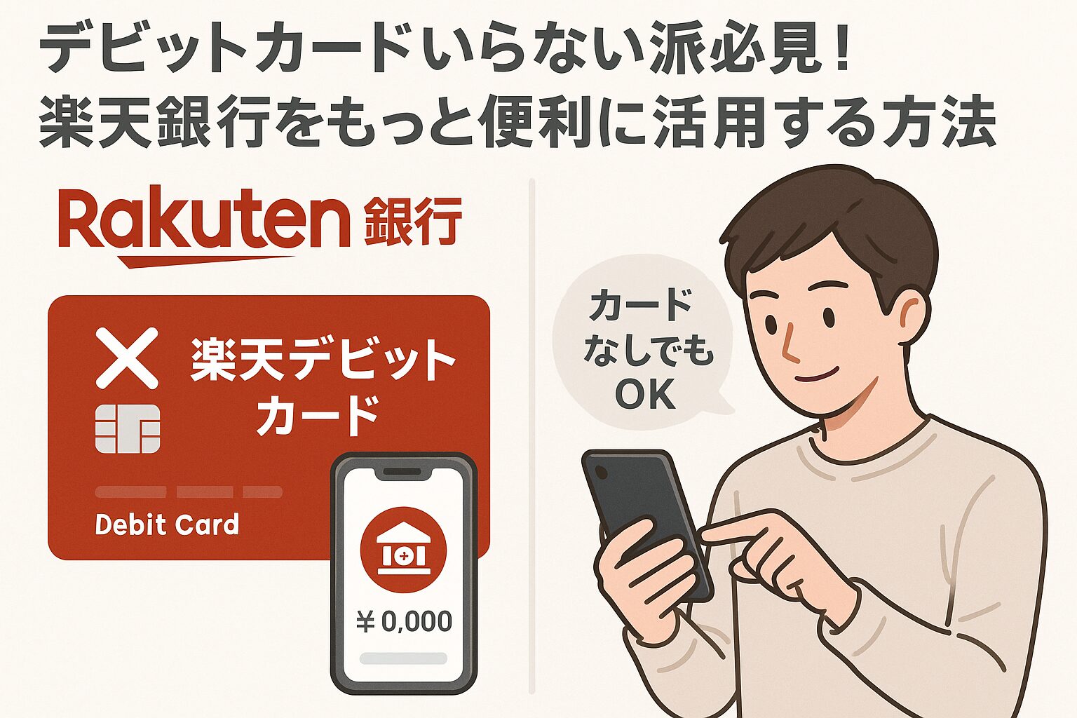 デビットカードいらない派必見!楽天銀行をもっと便利に活用する方法 楽天銀行モバイルアプリの画面や銀行口座のアイコンを描き、デジタル活用をイメージ