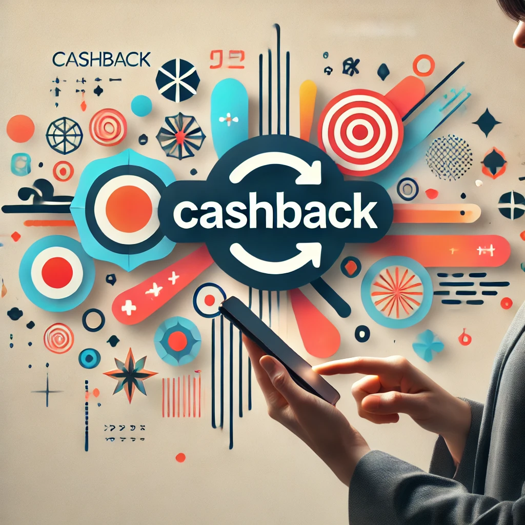 A Japanese person holding a smartphone, highlighting a cashback-related theme with a modern and minimalistic background featuring abstract shapes and