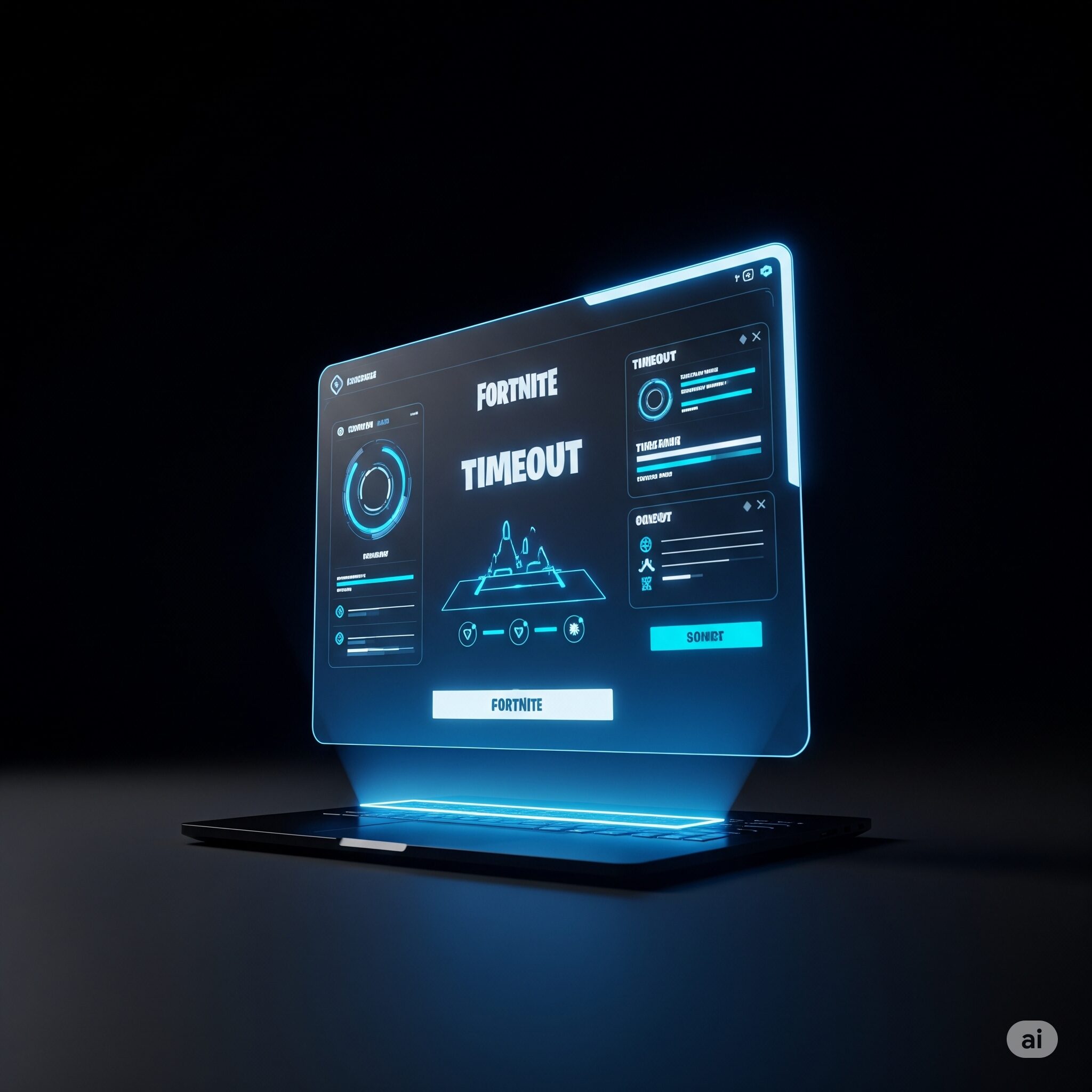 ノートPCの上にUI（フォートナイト・タイムアウト）がホログラムのように浮かぶ