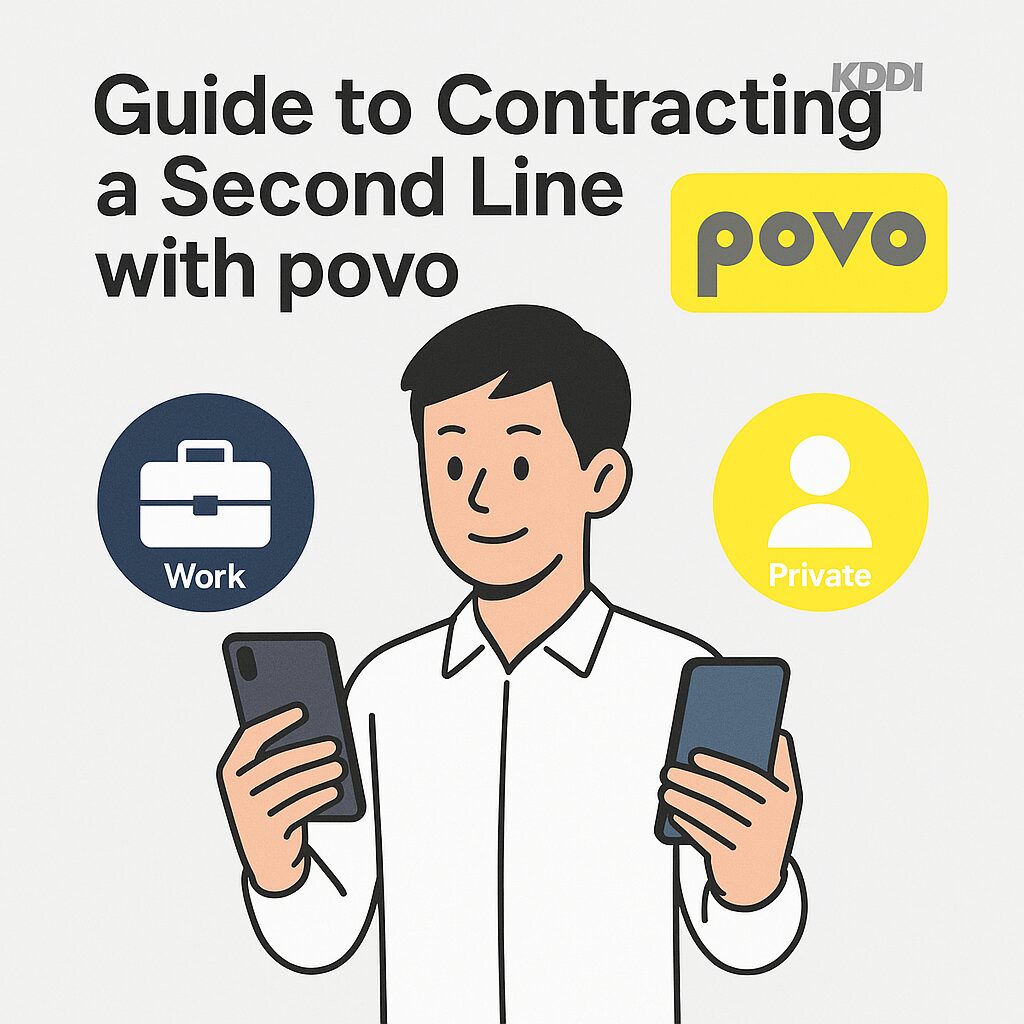 povoの2回線目を契約しようとしている男性が2台のスマホを持ち、仕事用とプライベート用のアイコン