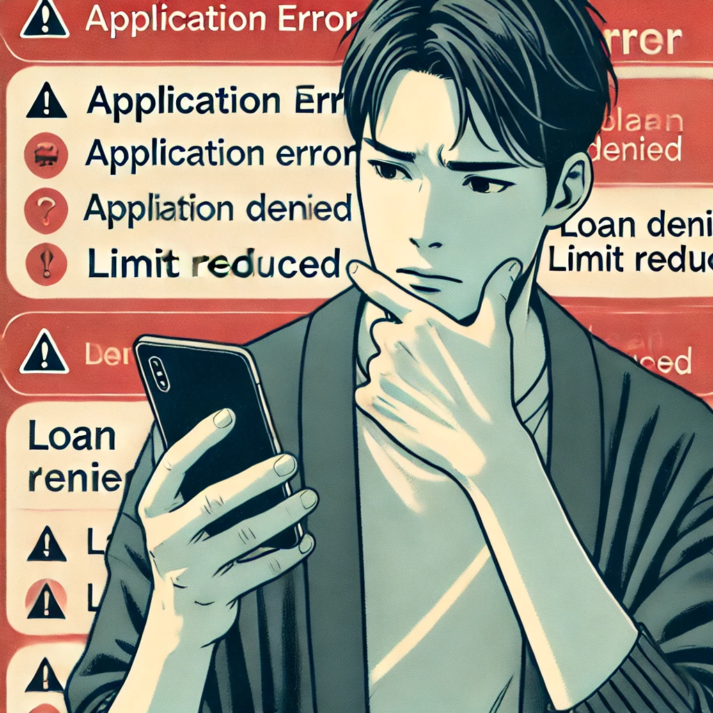 スマートフォン画面を困惑気味に見つめる男性。背景には「Loan Denied」「Limit Reduced」といった警告、提出しなかった際のリスクを表現