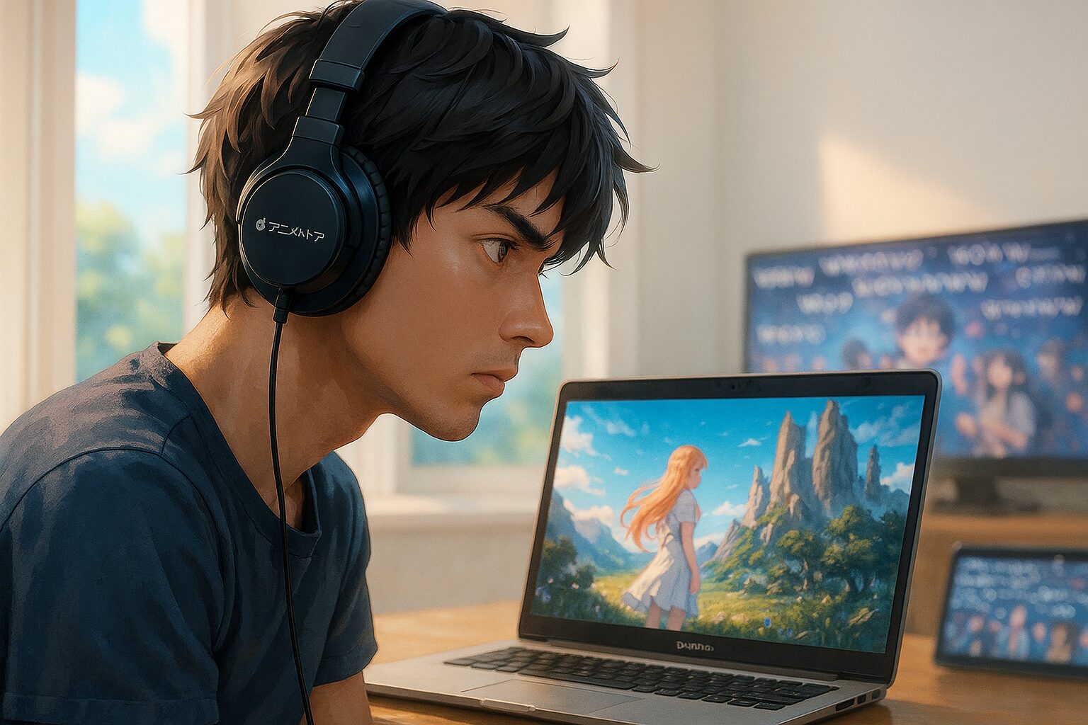 dアニメストアでアニメを真剣に視聴している若者。背景には美麗なアニメが映っている。ニコニコ支店のコメントが盛り上がっている画面