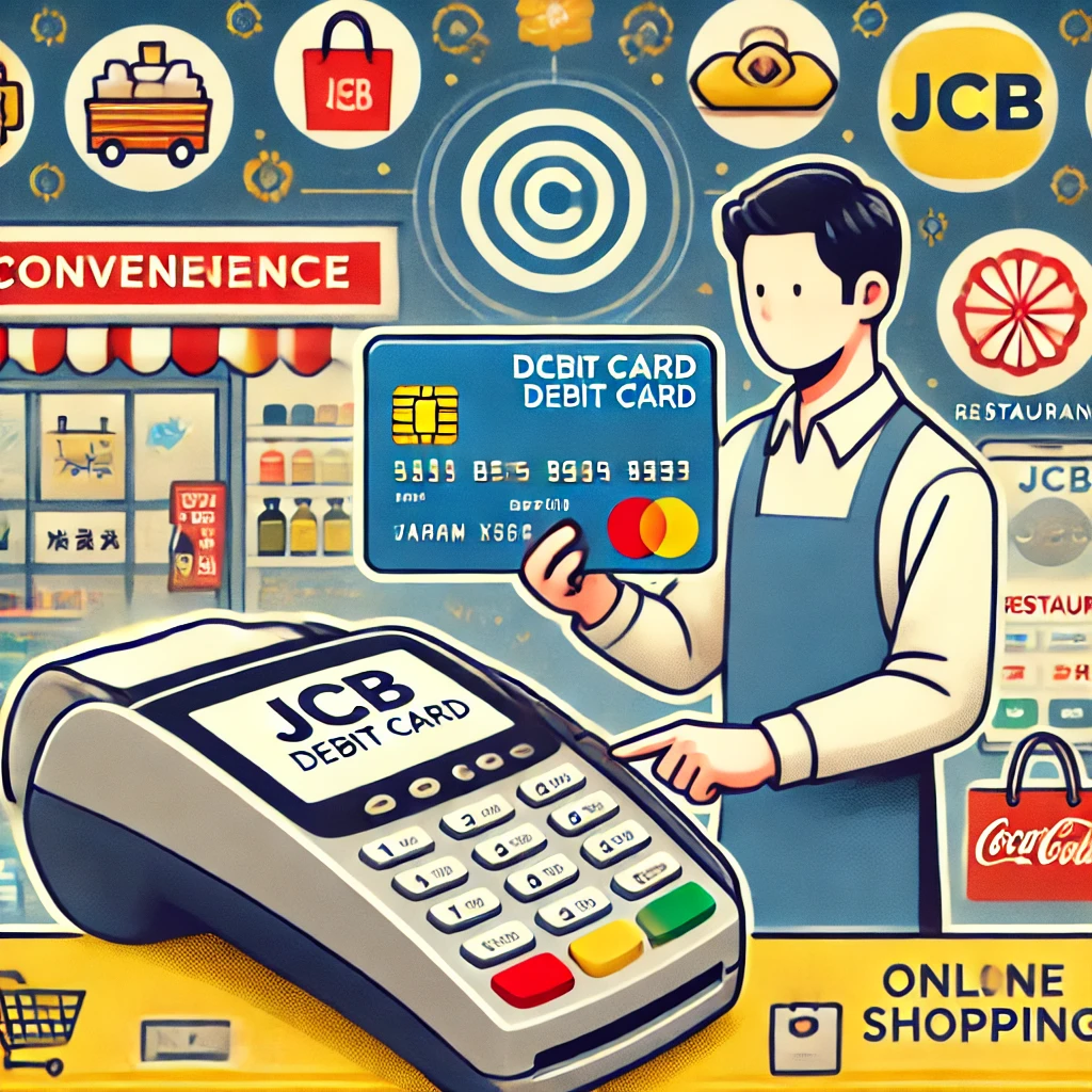 JCBデビットカードを使ってコンビニで支払いをする人。背景には、スーパー、レストラン、オンラインショップなどの利用可能な店舗のロゴ