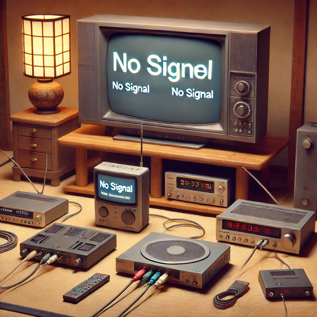 A living room scene where a TV screen displays 'No Signal' with nearby devices including an ONU, a television, a tuner, and connecting cables visibly