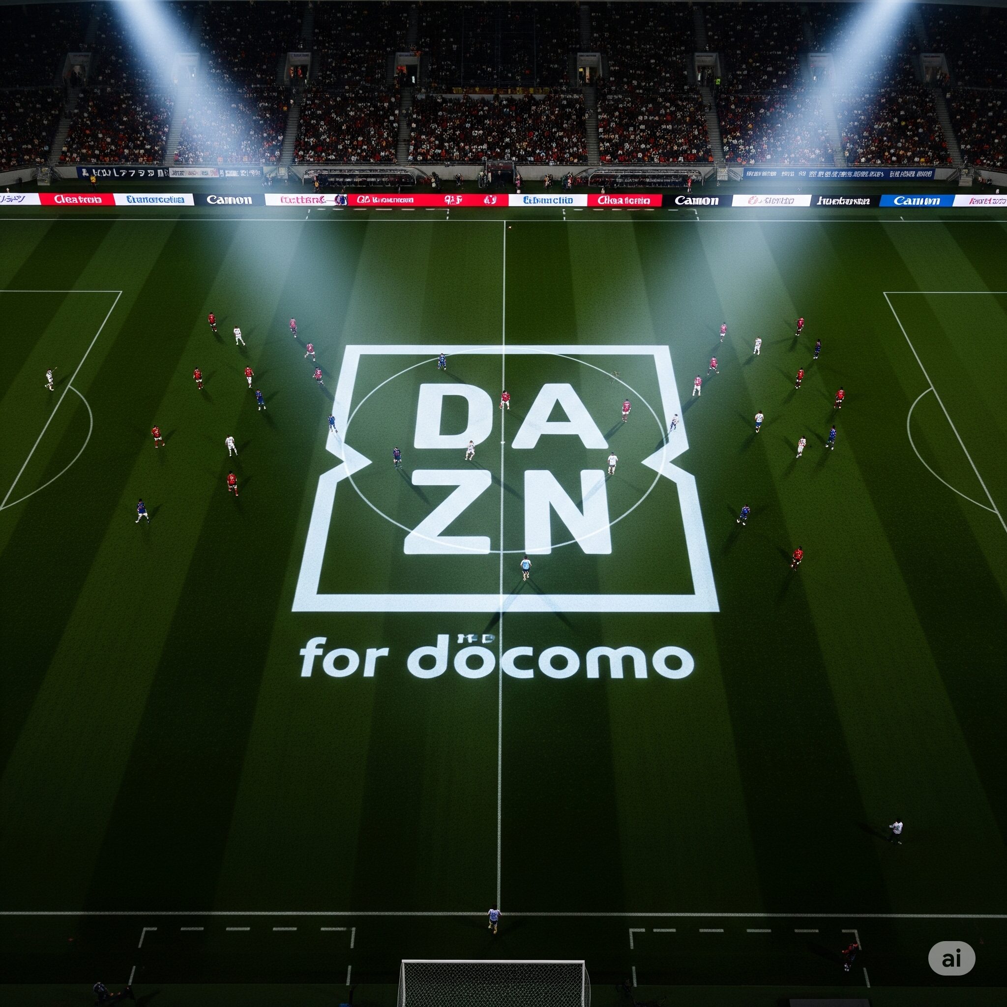 夜間のナイター試合。スタジアムの強い照明に照らされたサッカー場