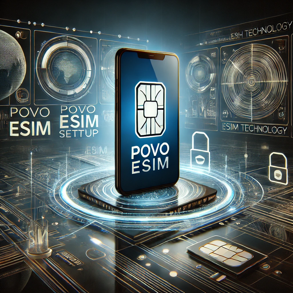 「povoのeSIM技術を未来的に表現したビジュアル」。スマートフォンの画面にはpovo eSIMの設定インターフェースが表示。SIM技術の進化を視覚的に表現