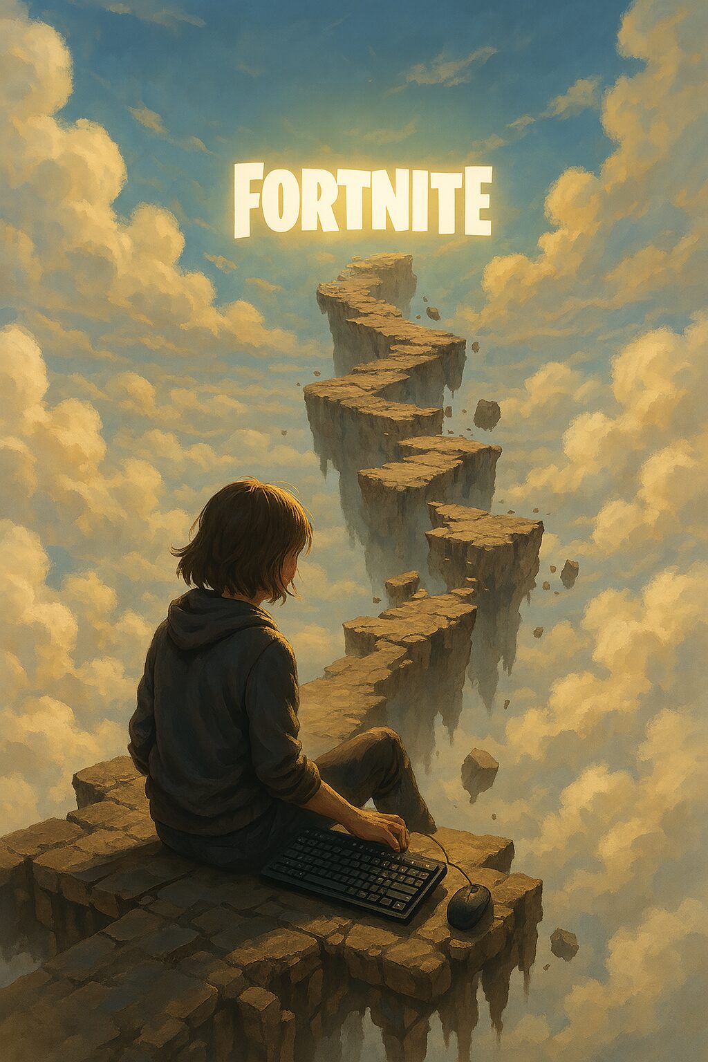 雲の上にかかる橋が途中で崩れ落ち、向こう岸にはFortniteのロゴが輝いている。プレイヤーは手にキーボードとマウスを持ち、ログインできずに座り込んでいる