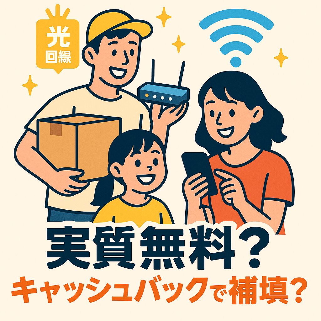背景に“光回線”や“Wi-Fi”のアイコンが浮かんでいて、“実質無料？キャッシュバックで補填？”の文字が強調されたイメージ