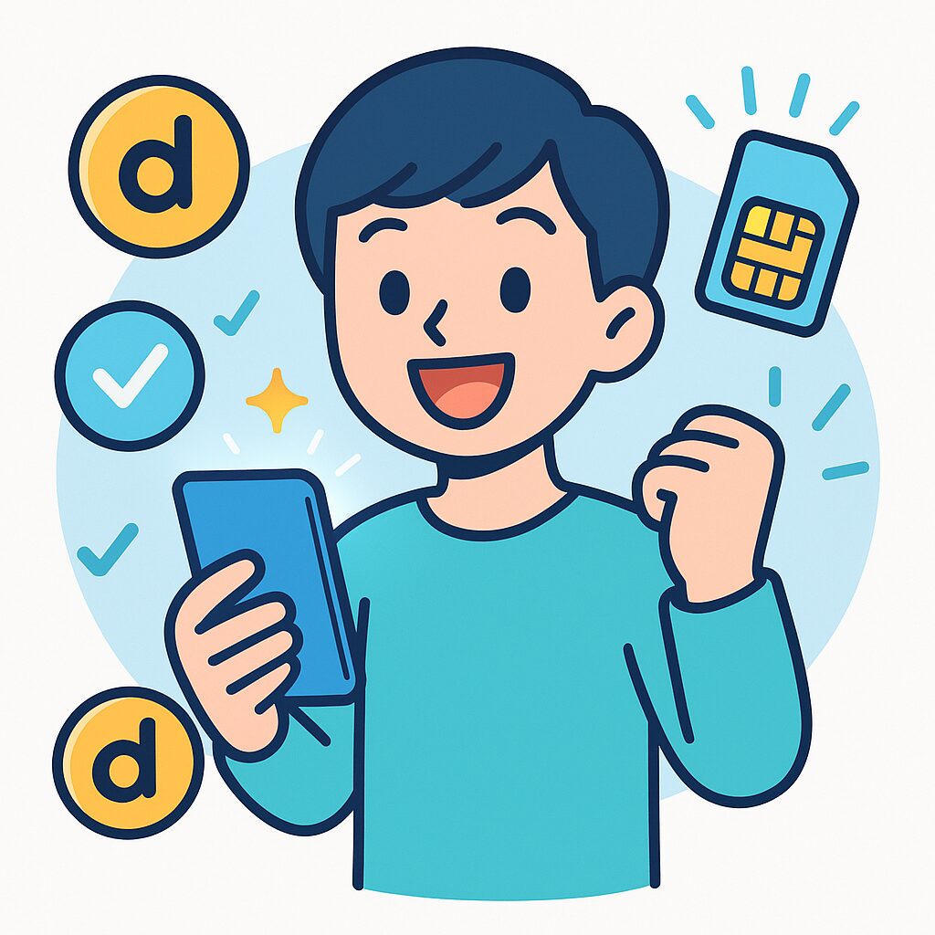 スマートフォンを持って笑顔のキャラクター。周囲には大きく浮かぶdポイントのコイン、チェックマーク、光るSIMアイコン