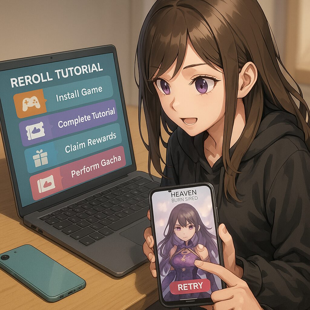 スマホとPCを使ってヘブバンのリセマラ手順を集中して行っているプレイヤーのイメージ