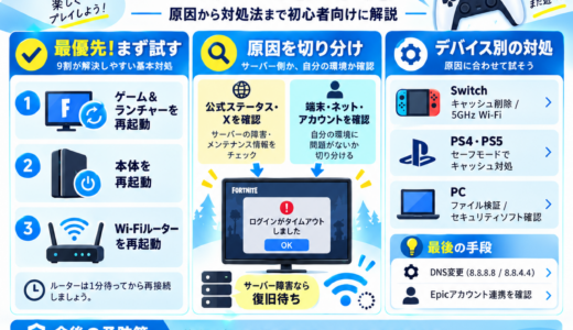 フォートナイト「ログインがタイムアウトしました」エラーの直し方｜原因から対処法まで初心者向けに解説