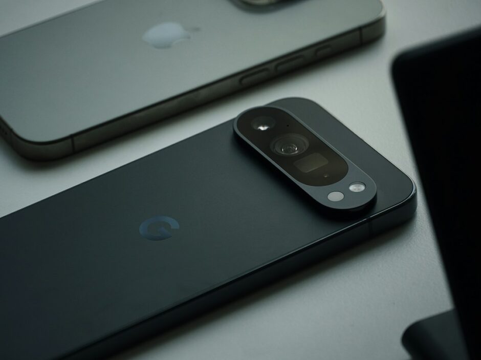 机に並べた二台のスマートフォン。iPhoneでeSIMを移行するときの旧端末と新端末のイメージ