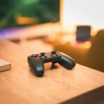 木のテーブルに置かれたゲームのコントローラー