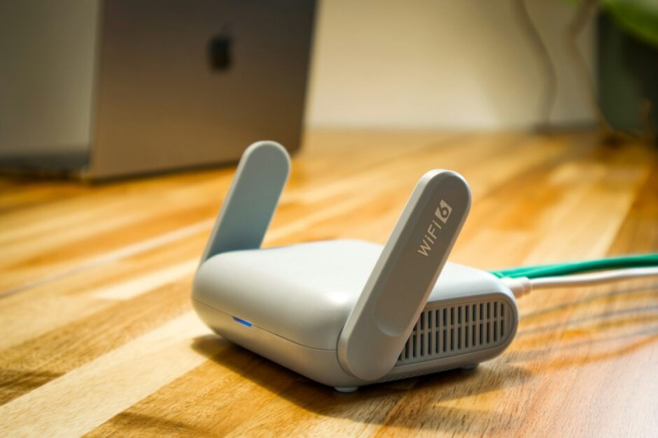 机の上の無線LANルーター。スマホがWi-Fiにつながらない原因を安全に確認する記事のアイキャッチ